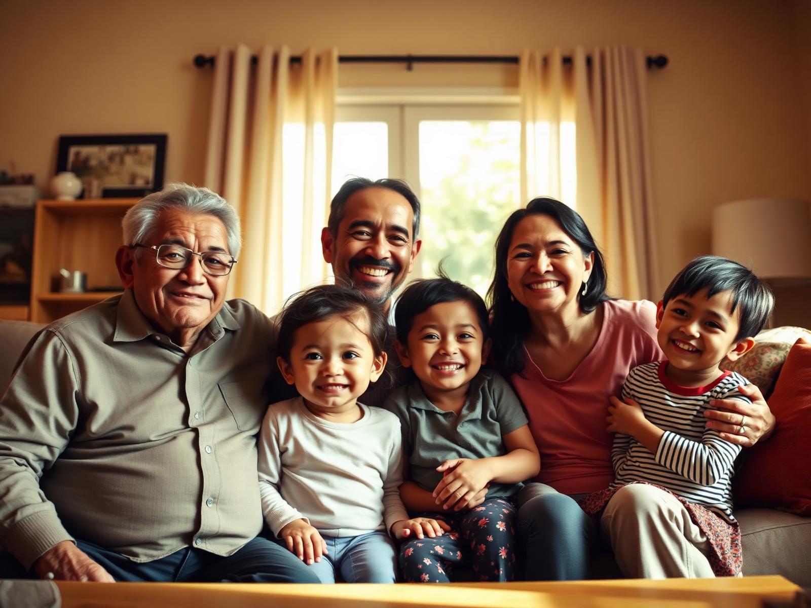 Familia hispana multigeneracional sonriendo juntos en casa